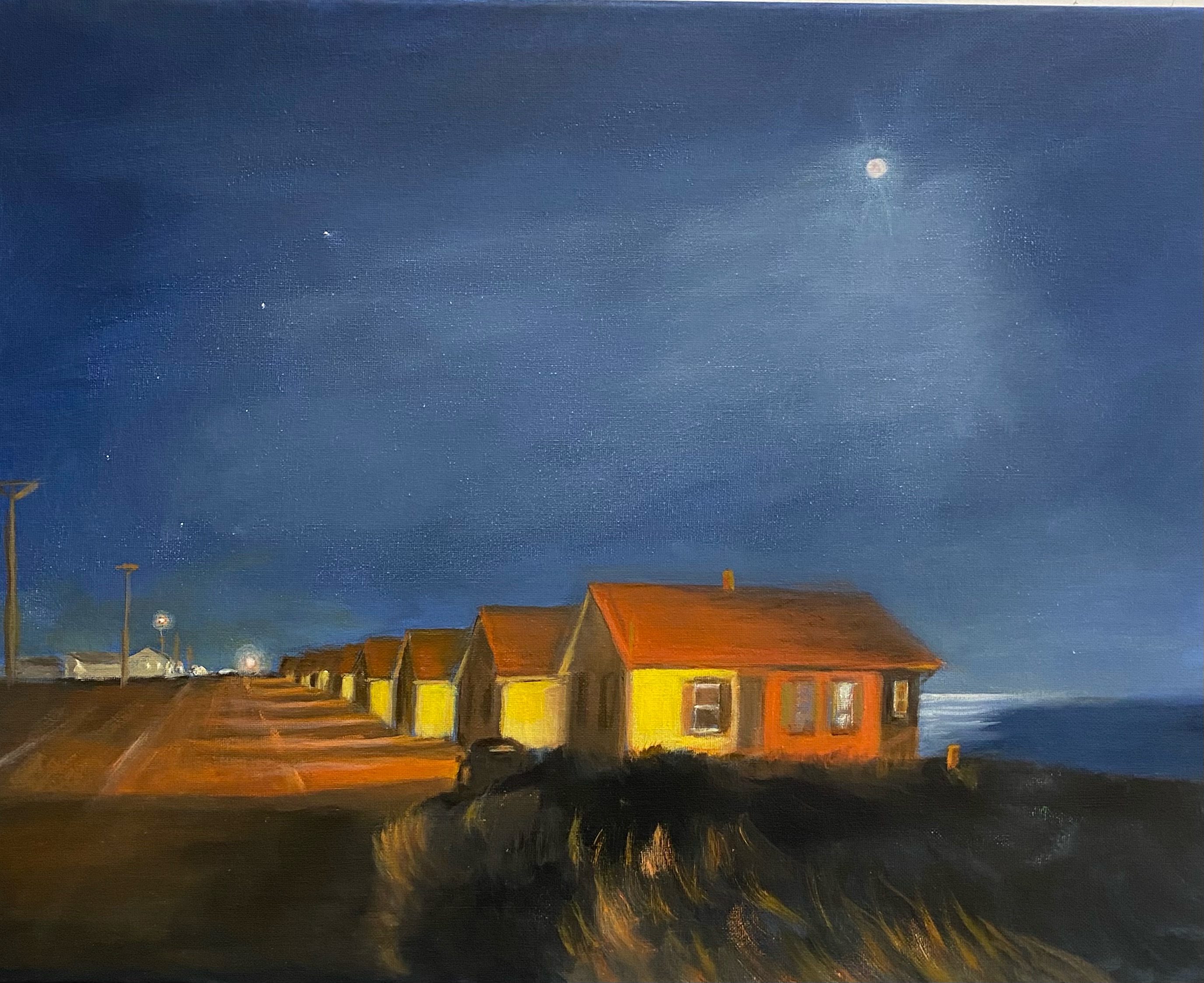 Beach Cottages, October Moon — landscape painting by Warren F Green
